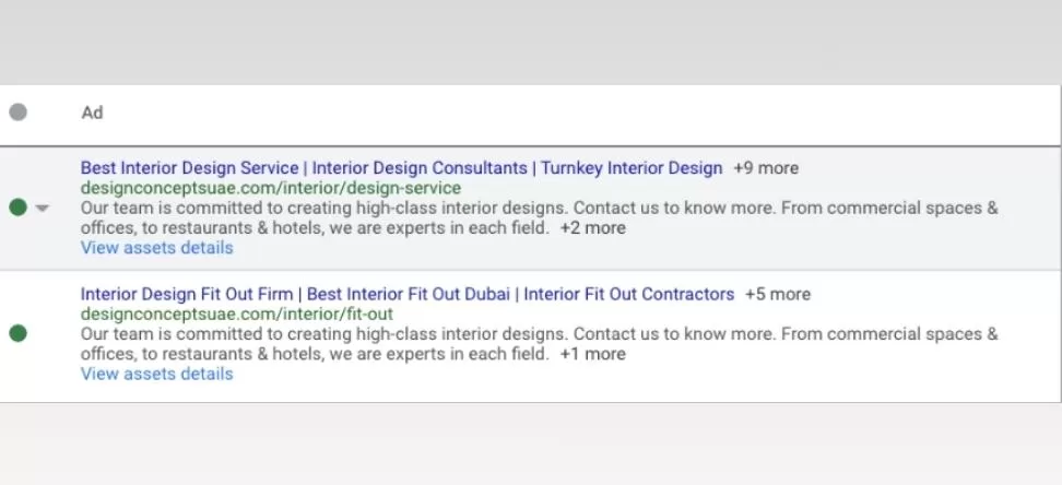 Google ads for Interior Design Company